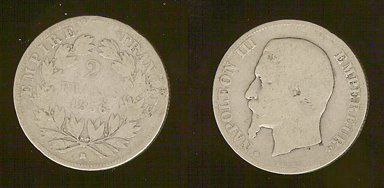 2 francs Napoléon III, tête nue, petit BB 1856 Strasbourg B+